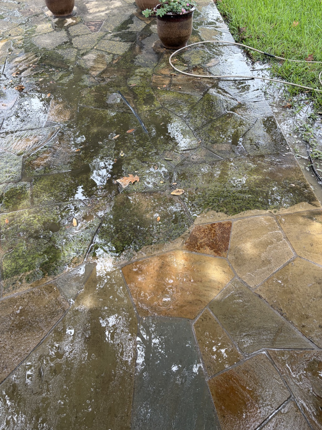Flagstone patio halfway through power washing